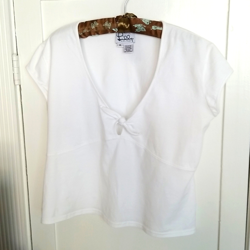 LILY PULITZER White V Neck Tee, Size XL